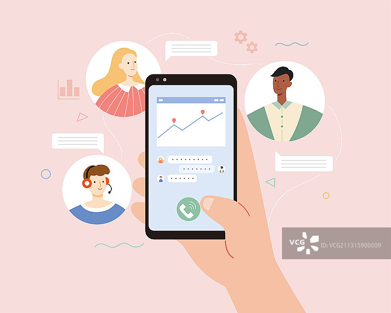 手持手机进行多方视频会议扁平插图图片素材