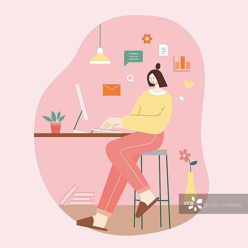 可爱女子高脚椅上远程工作 粉色扁平插图图片素材