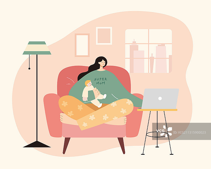 兼顾工作与育儿上班族妈妈  粉色扁平插图图片素材