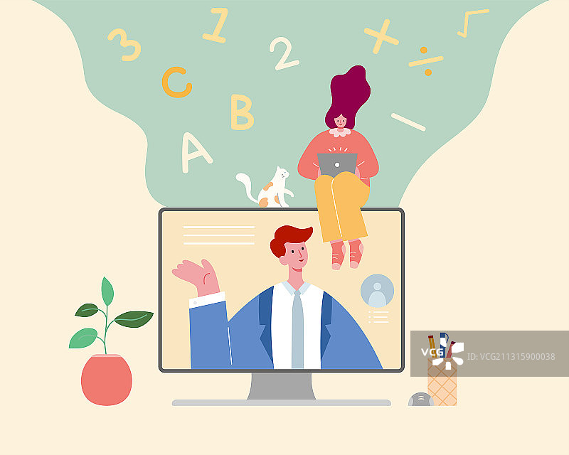 坐在屏幕上的女孩 线上教育扁平插图图片素材