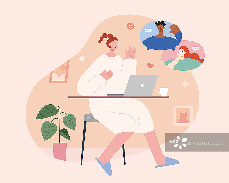 女子在家与朋友视频聊天扁平插图图片素材