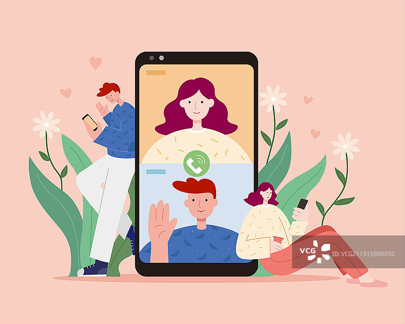 手持手机与朋友进行视频聊天扁平插图图片素材