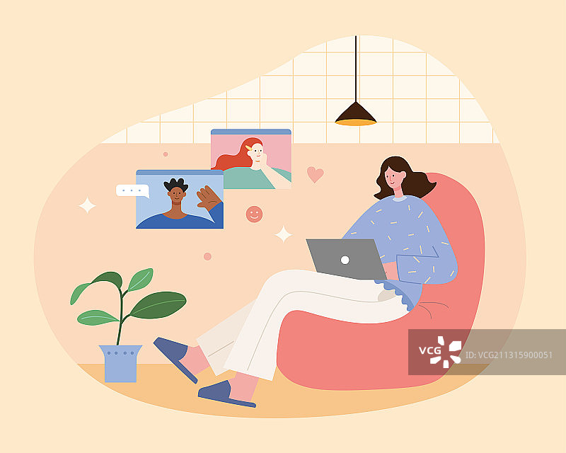 女子在豆袋沙发上与朋友进行视频聊天插图图片素材