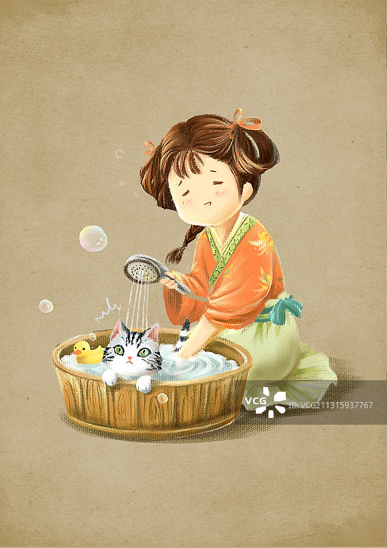 国风侍女给猫洗澡图片素材