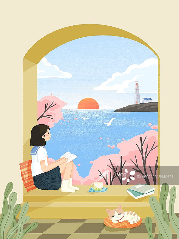 春天面朝大海日出插画图片素材