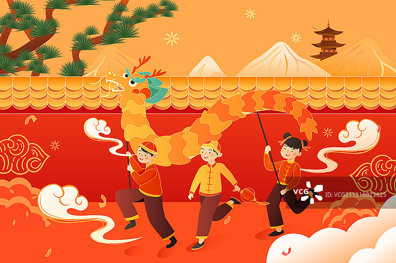 卡通家人亲子过年新年春节龙抬头全家福春运古建筑中国风矢量插画图片素材