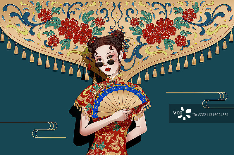 穿红色旗袍戴墨镜的女孩国潮人像插画图片素材