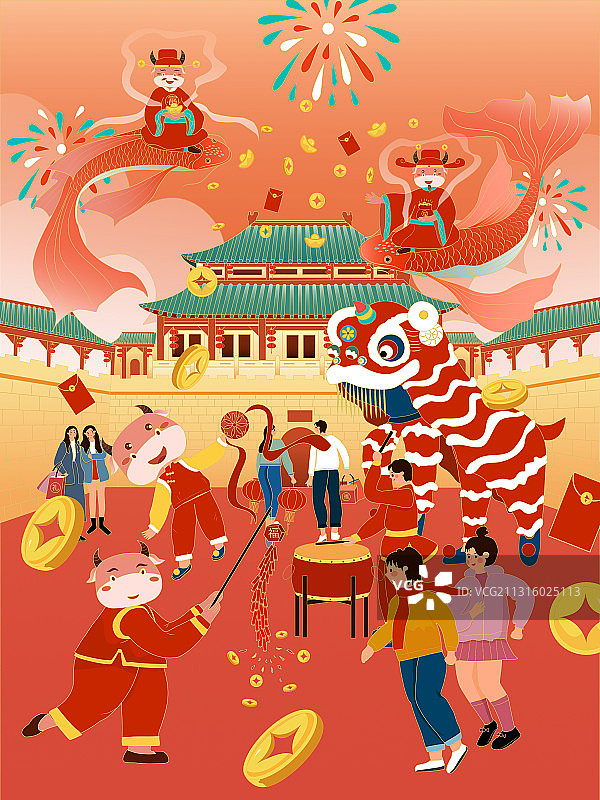 牛年插画牛转钱坤喜庆图片素材