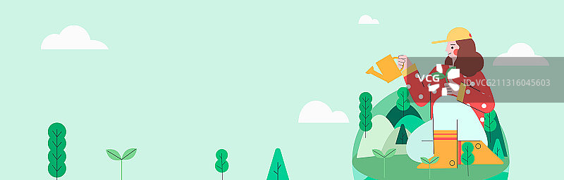 坐在绿色地球上植树的女孩矢量插画图片素材