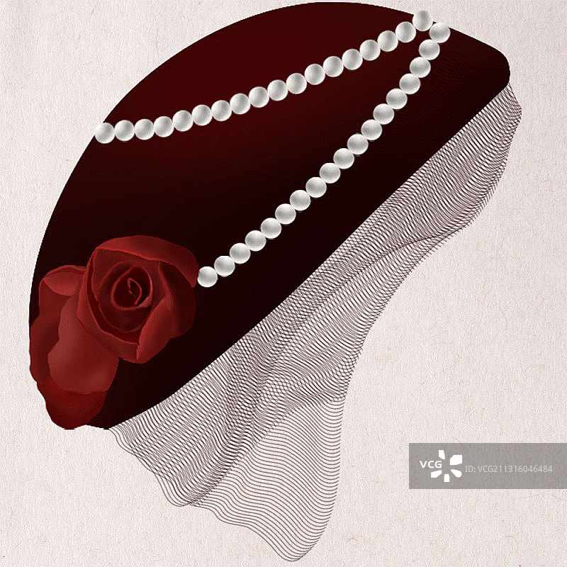 女士帽面纱珍珠玫瑰红绒帽手绘仿真复古民国风psd设计元素图片素材