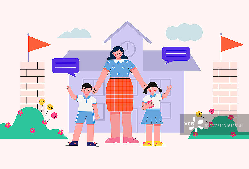 站在学校门口的老师和同学们矢量插画图片素材