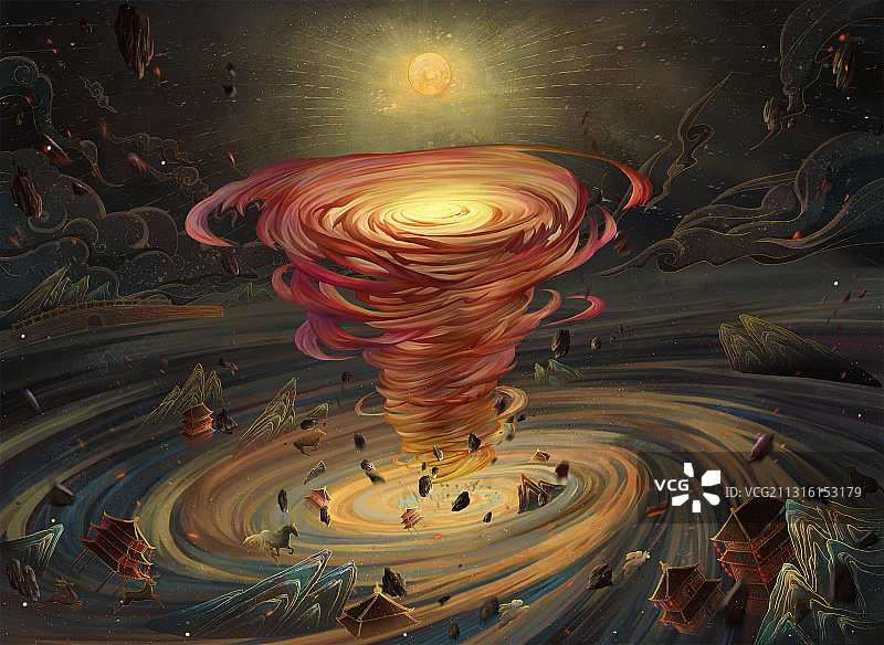 古风漩涡战争打斗原画厚涂场景图片素材