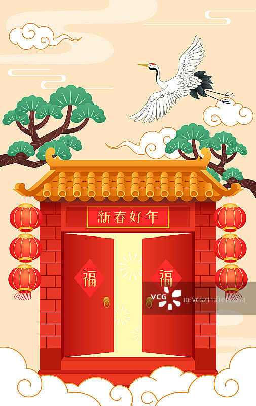 中式大门和仙鹤松树等图片素材