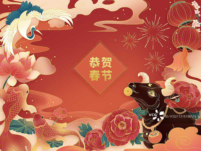 2021牛年春节国风插画图片素材