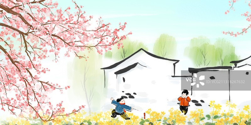 春季春节过年的乡村小孩图片素材