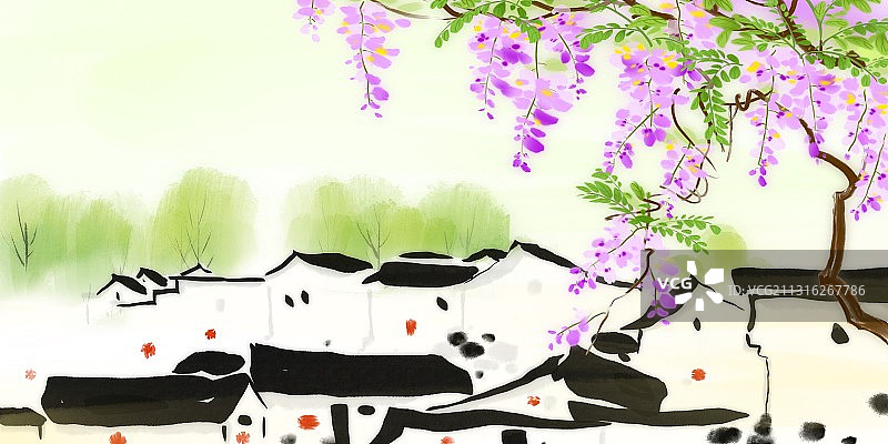 中国风水彩夏季风景画立夏图片素材