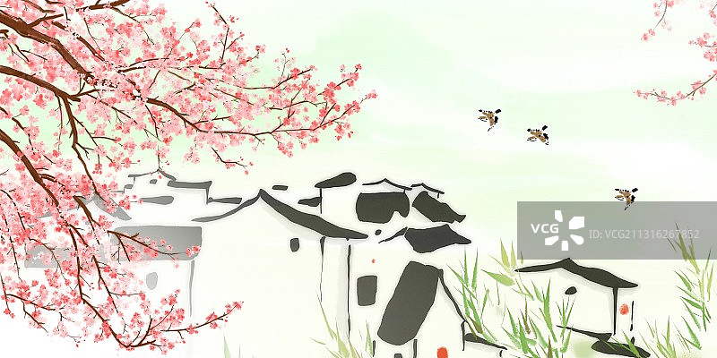 水彩南方农村风景画清明时节雨纷纷图片素材