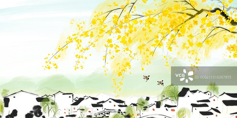 水彩南方农村风景画清明时节雨纷纷图片素材