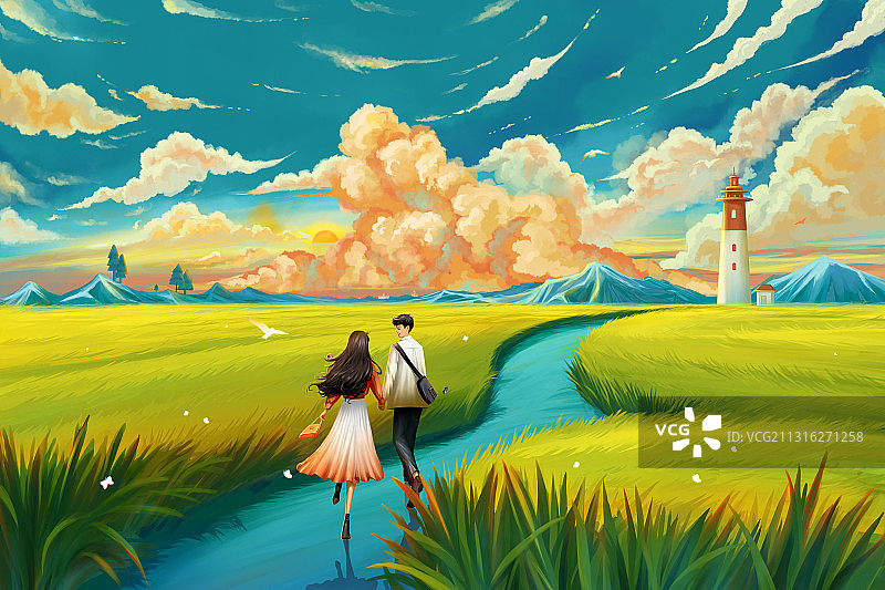 情侣牵手走在郊外的麦田情人节插画图片素材