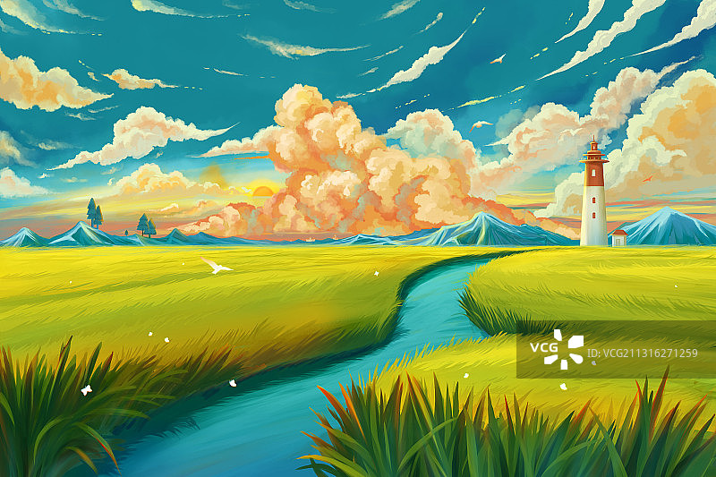 火烧云天空下的郊外麦田场景插画图片素材