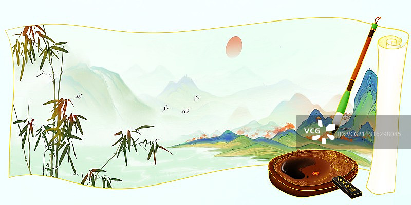 中国风传统文化笔墨纸砚山水画图片素材