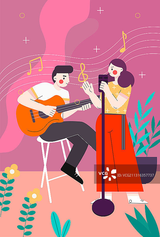 弹吉他男孩和唱歌女孩矢量插画图片素材