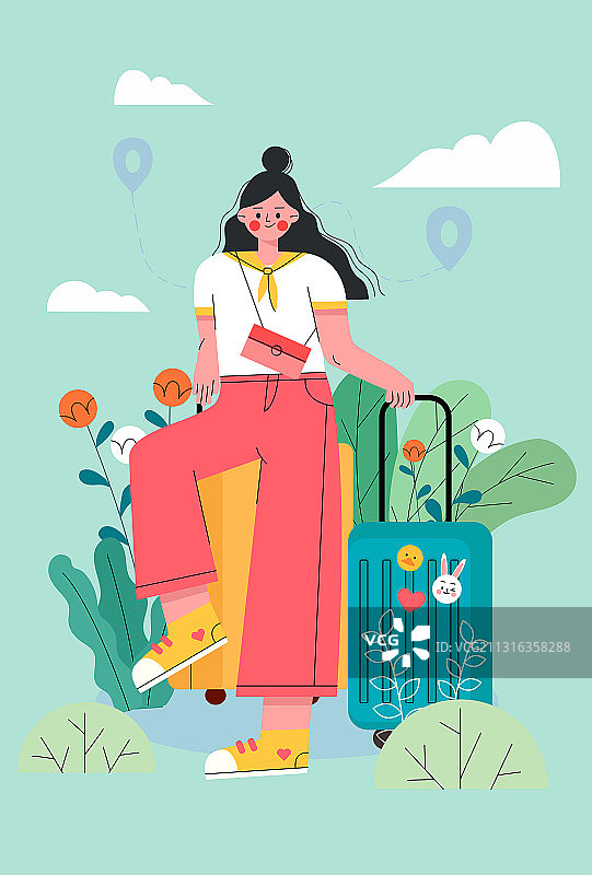 拉着行李箱去旅行的女孩矢量插画图片素材