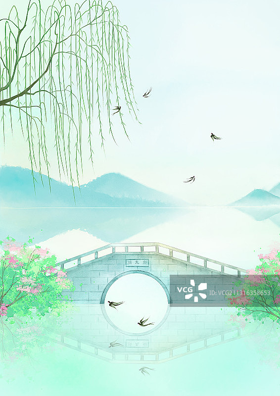 小清新插画小桥湖湖泊燕子飞翔图片素材