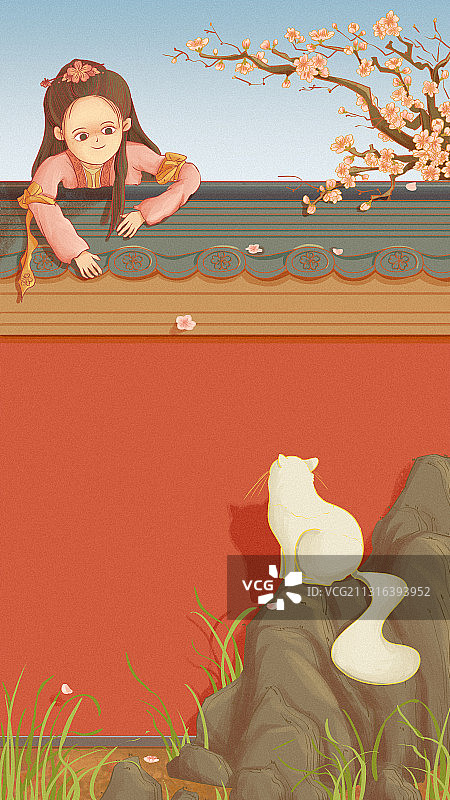 春天穿着古装的女孩爬出墙头玩耍图片素材