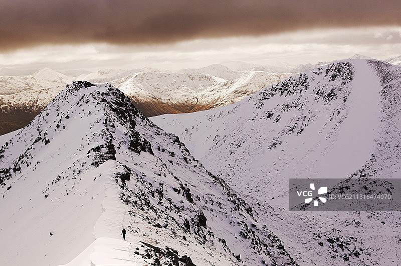 冬季登山者攀登苏格兰马莫尔山脉的安·加巴纳赫图片素材
