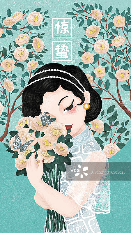 二十四节气惊蛰月季花旗袍女人图片素材