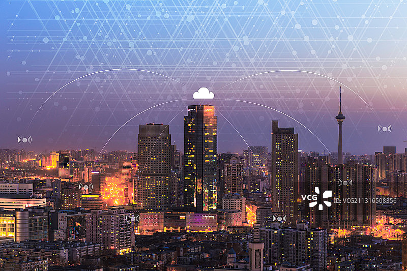 亚洲中国天津城市建筑夜景图片素材