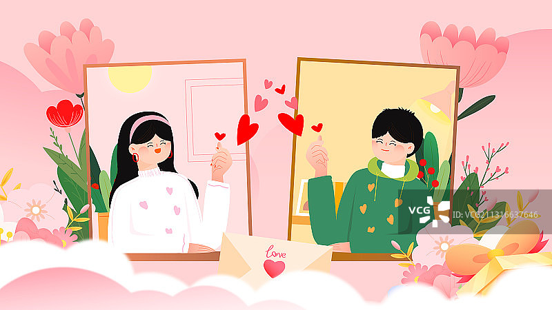 情侣朋友节日浪漫比心矢量插画海报横图图片素材