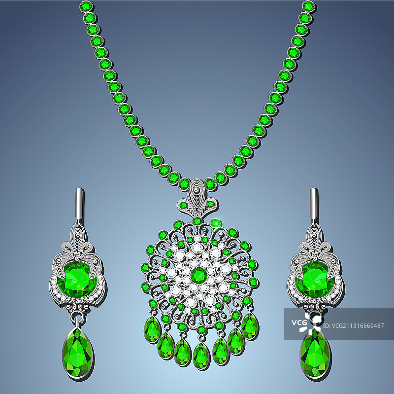 链子上带有花丝的银饰珠宝吊坠套装图片素材
