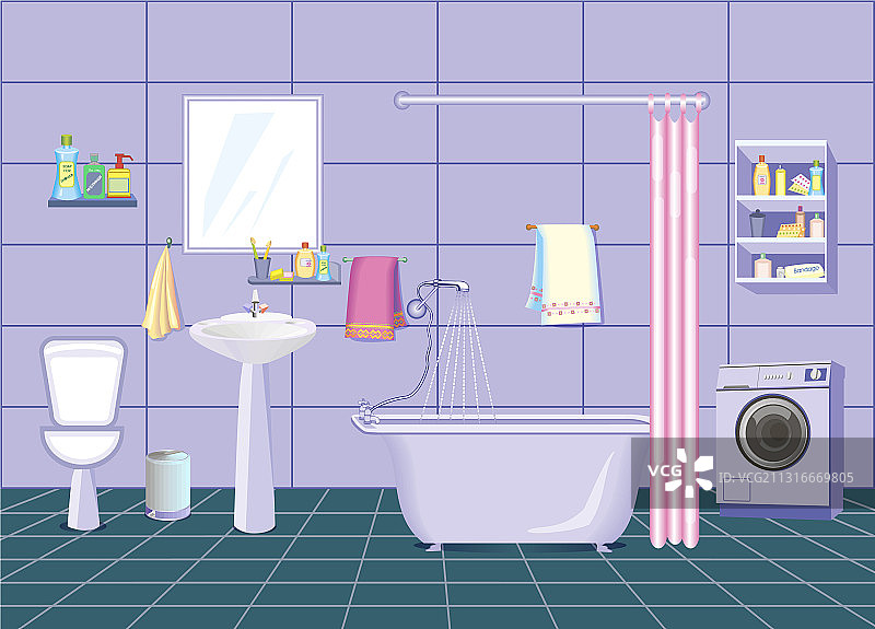 带淡紫色水管装置的现代浴室内景图片素材