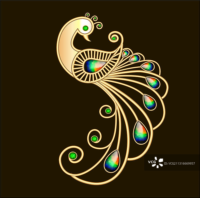 镶嵌宝石的金色孔雀胸针图片素材