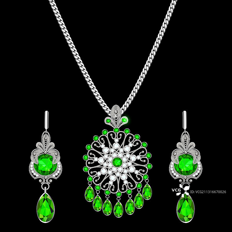 链子上带有花丝的银饰珠宝吊坠套装图片素材