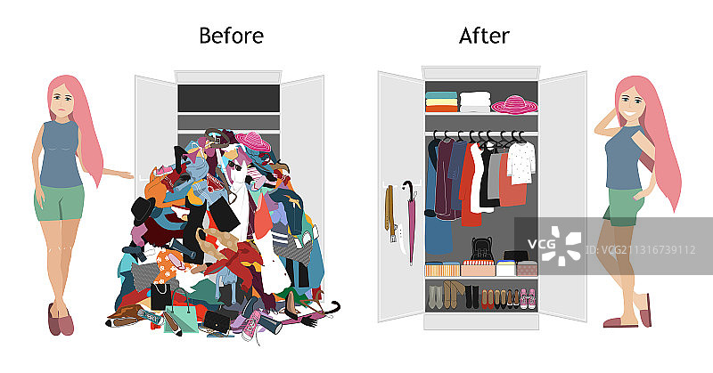 女孩整理凌乱的衣柜图片素材