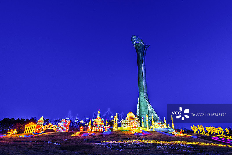 中国辽宁沈阳世博园百合塔夜景图片素材