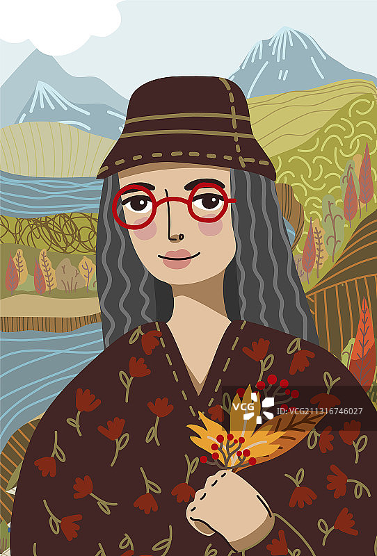 现代图形风格的红衣蒙娜丽莎图片素材