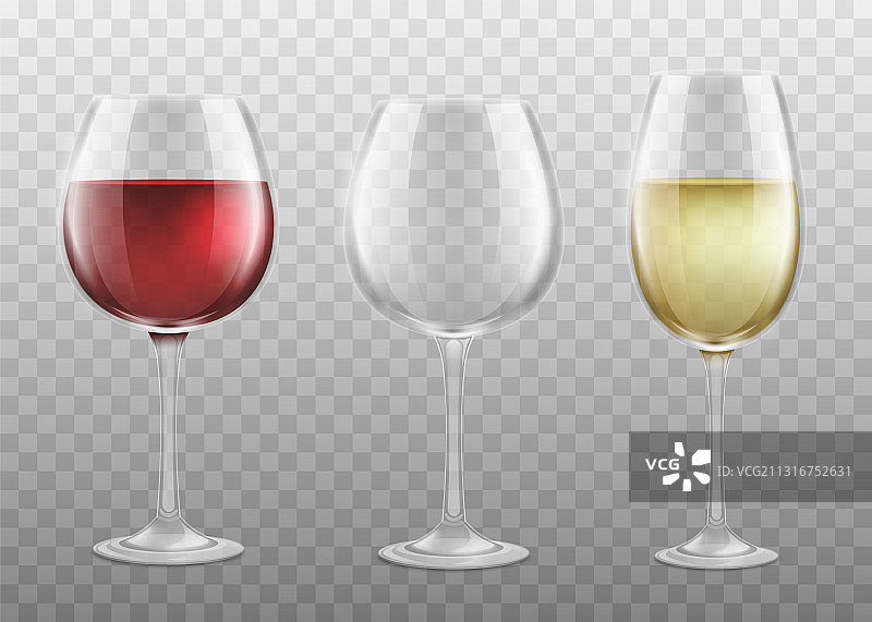 红葡萄酒与白葡萄酒的逼真酒杯图片素材