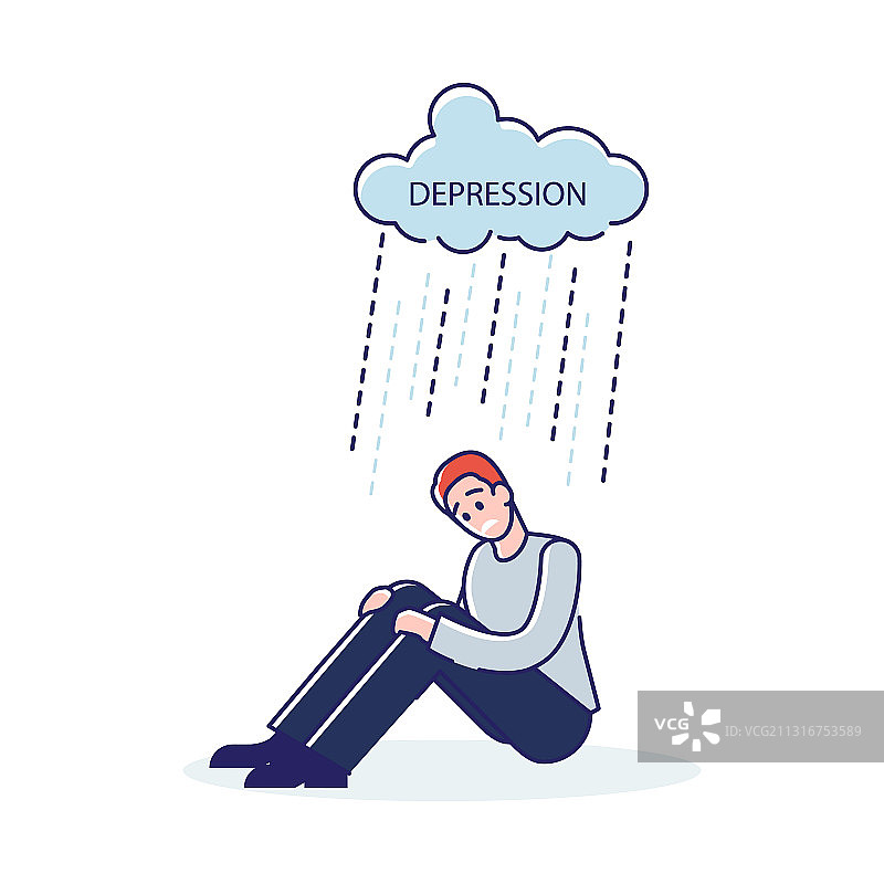 坐在乌云下疲惫的沮丧男人图片素材
