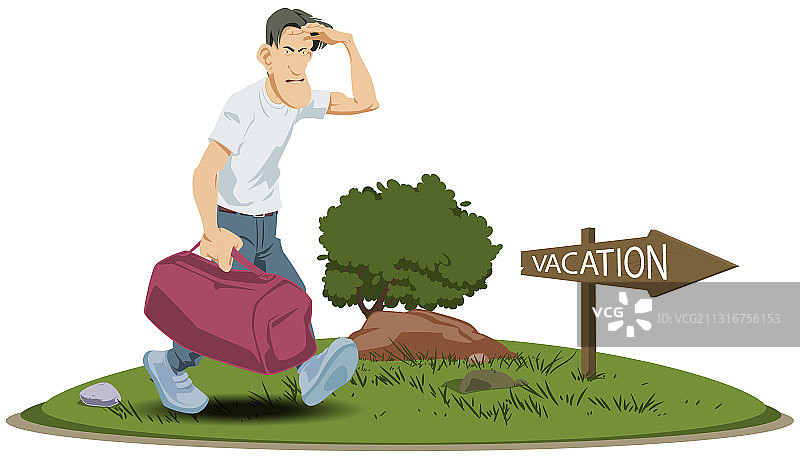 疲惫的男人提着沉重的包，站在滑稽人物标志旁图片素材