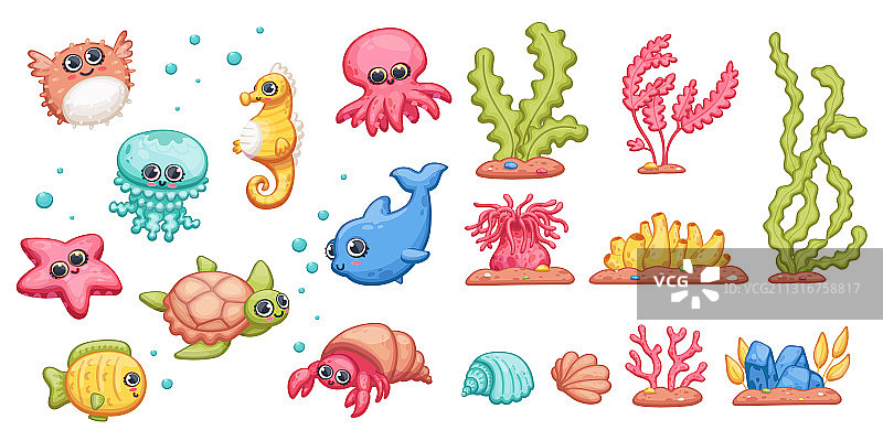 可爱的卡通海洋动物和水下海藻图片素材