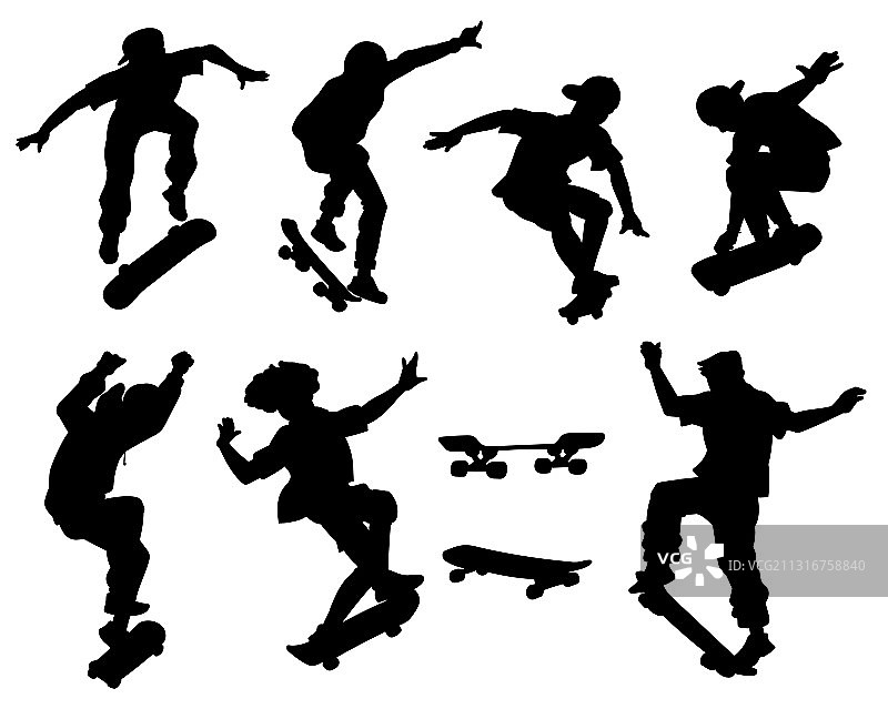 滑板少年表演特技黑色剪影图片素材