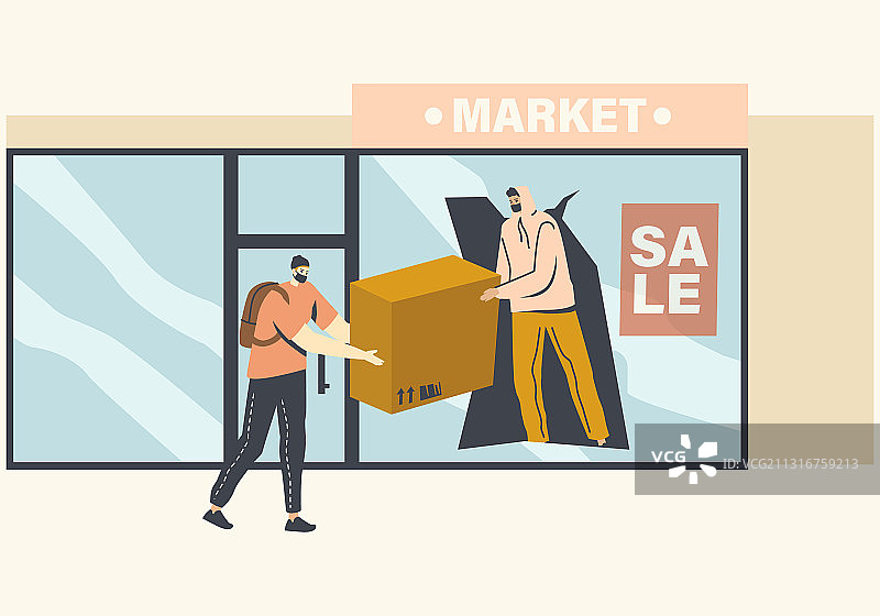 戴面具的抢劫者在破损的商店里偷窃商品图片素材
