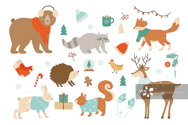 冬季动物装饰（扁平风格）图片素材