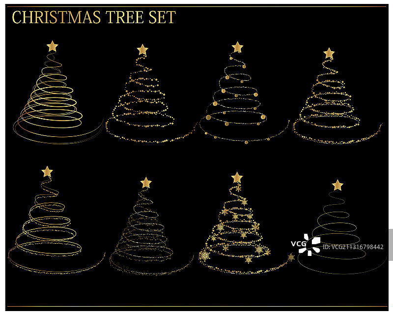 黑色背景上的圣诞树套装图片素材