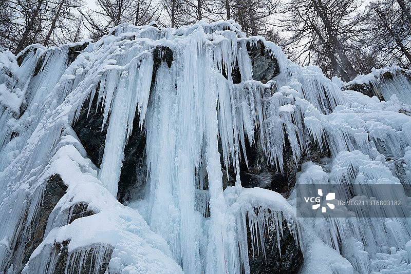 法国雪地上冰柱的特写图片素材