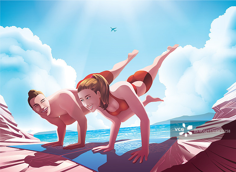 情侣做单腿鹤禅式瑜伽图片素材